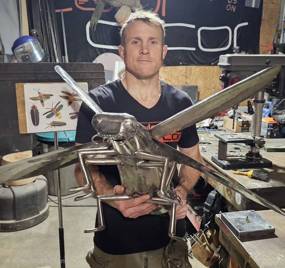 Sculptor Dustin Weatherby in his workshop holding a large stainless-steel winged insect sculpture, SculptDecor banner and workbench behind him