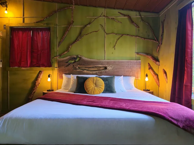 King bed beneath a sculptural driftwood-branch headboard wall by Dustin Weatherby